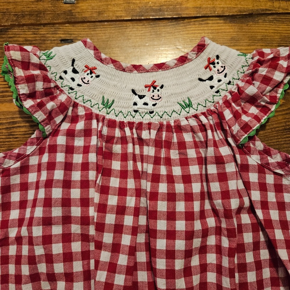 Marie Nicole Girls Smocked Cow Dress Red White Gingham Farm Cottagecore Sz S 2T